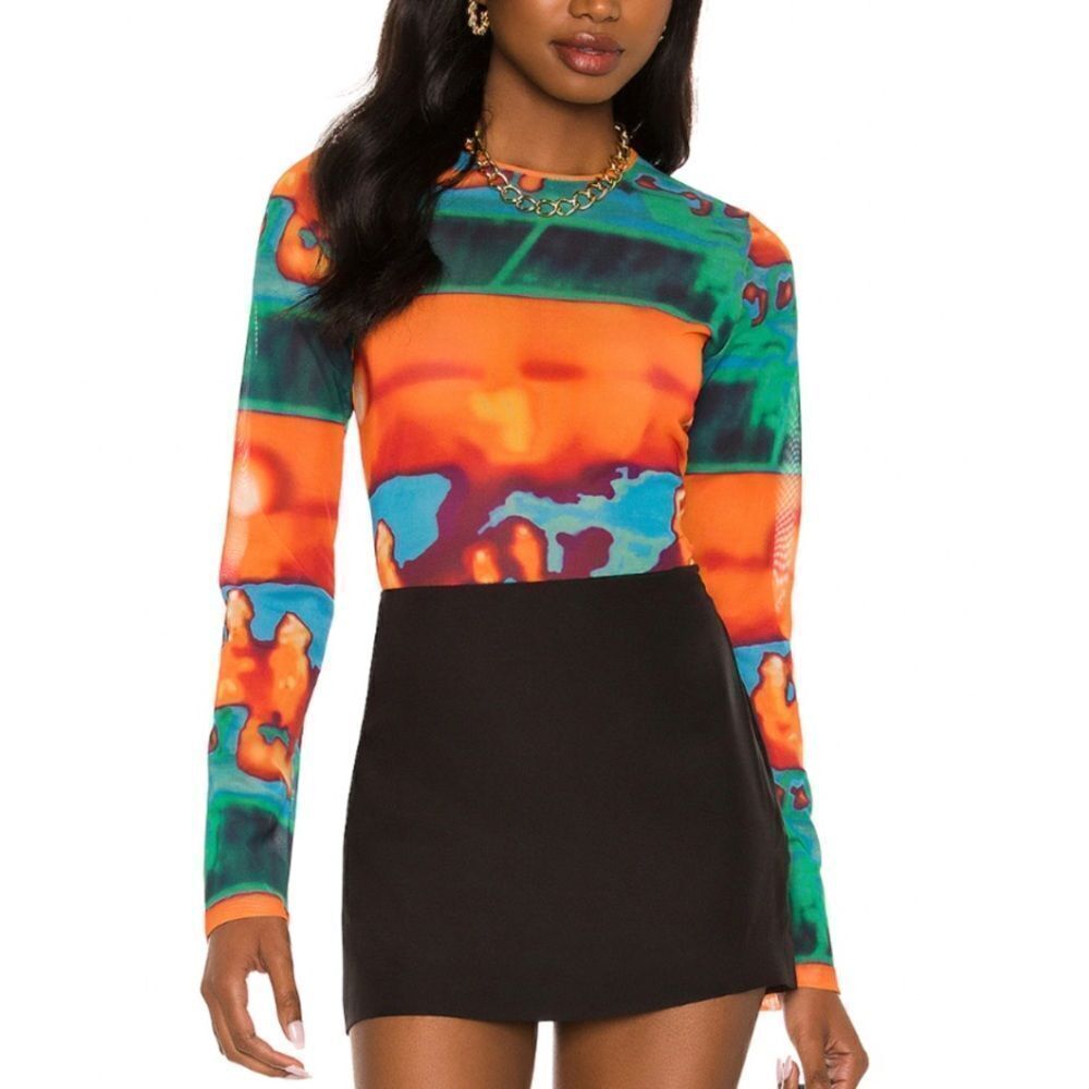 Miaou Long Sleeve Tee mesh print Thermal
Green Orange Fitted Blouse Revolve M